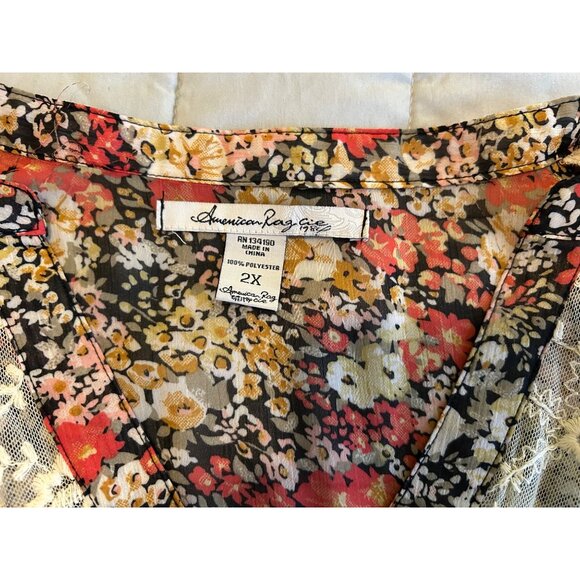 American Rag Cie Plus 2X Floral Boho Peasant Blouse Sheer Lace Yoke Button Front - Picture 7 of 15